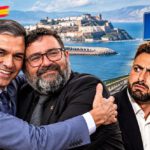 De izquierda a derecha: Pedro Sánchez, Presidente del Gobierno de España; Jordi Hernández, Alcalde de Blanes (PSC); Gerard Ortega (Alternativa Blanes); entre la carretera C-32 y la frontera de Ceuta; en una imágen de IA