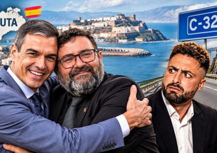 De izquierda a derecha: Pedro Sánchez, Presidente del Gobierno de España; Jordi Hernández, Alcalde de Blanes (PSC); Gerard Ortega (Alternativa Blanes); entre la carretera C-32 y la frontera de Ceuta; en una imágen de IA