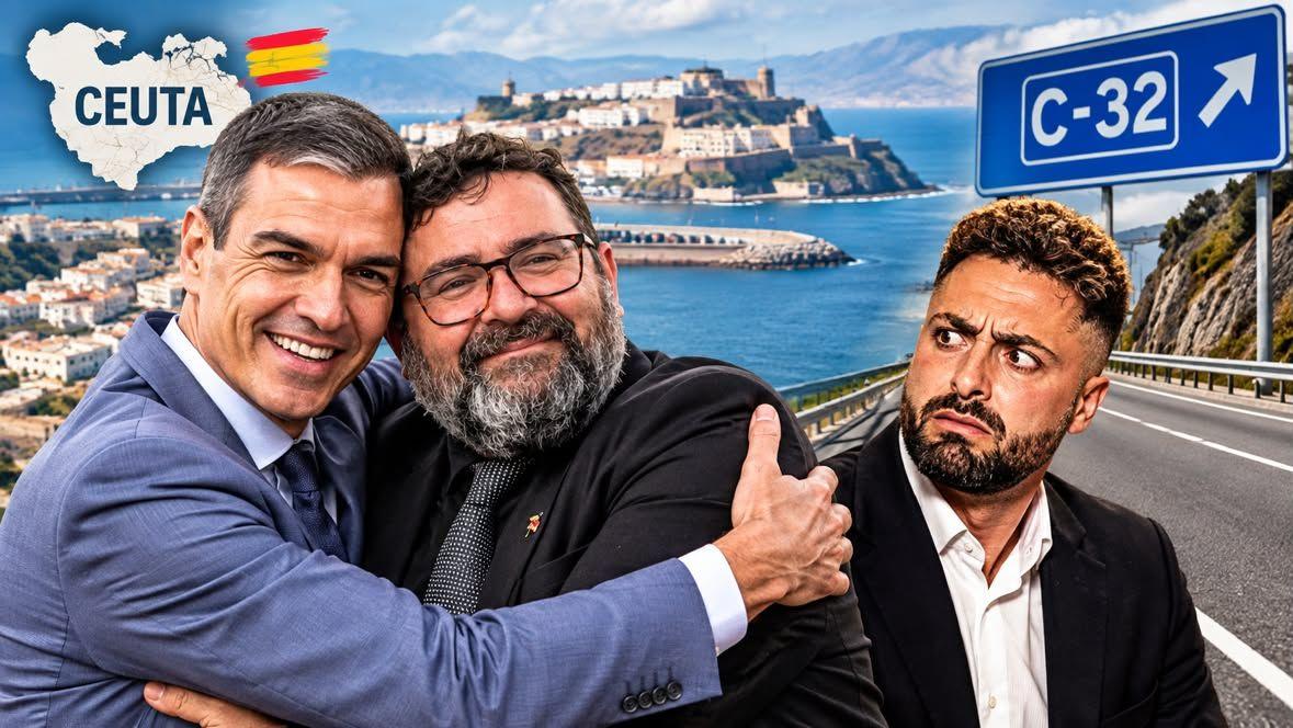 De izquierda a derecha: Pedro Sánchez, Presidente del Gobierno de España; Jordi Hernández, Alcalde de Blanes (PSC); Gerard Ortega (Alternativa Blanes); entre la carretera C-32 y la frontera de Ceuta; en una imágen de IA